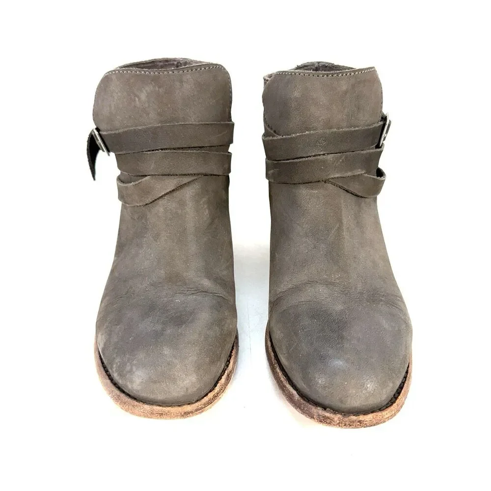 H By Hudson Horrigan Ankle Boots Gray Leather Straps Block Heel Sz 39/8.5